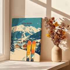 Sölden Ski Print Austria featuring vibrant ski scene and mountain backdrop, perfect for skiing enthusiasts.