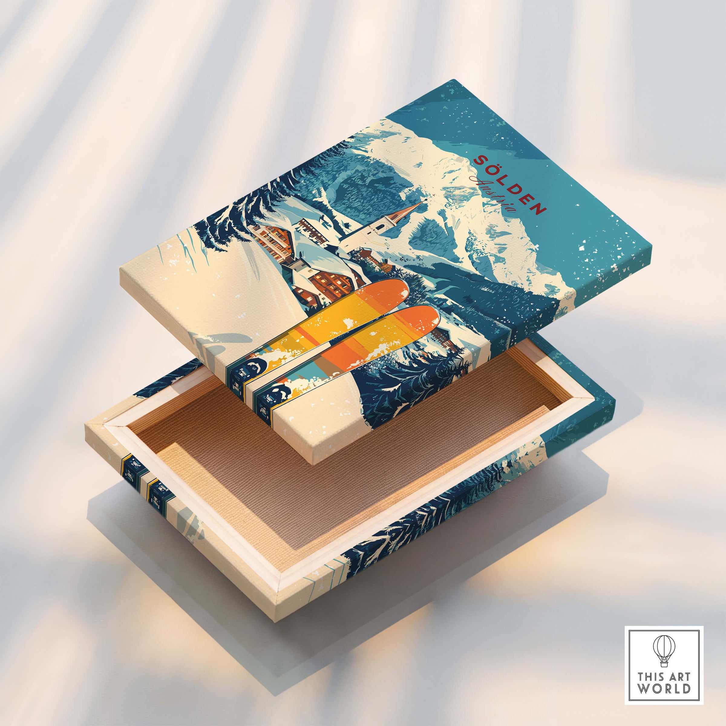 Sölden Ski Print Austria on an artistic box showcasing vibrant ski and mountain scenery.