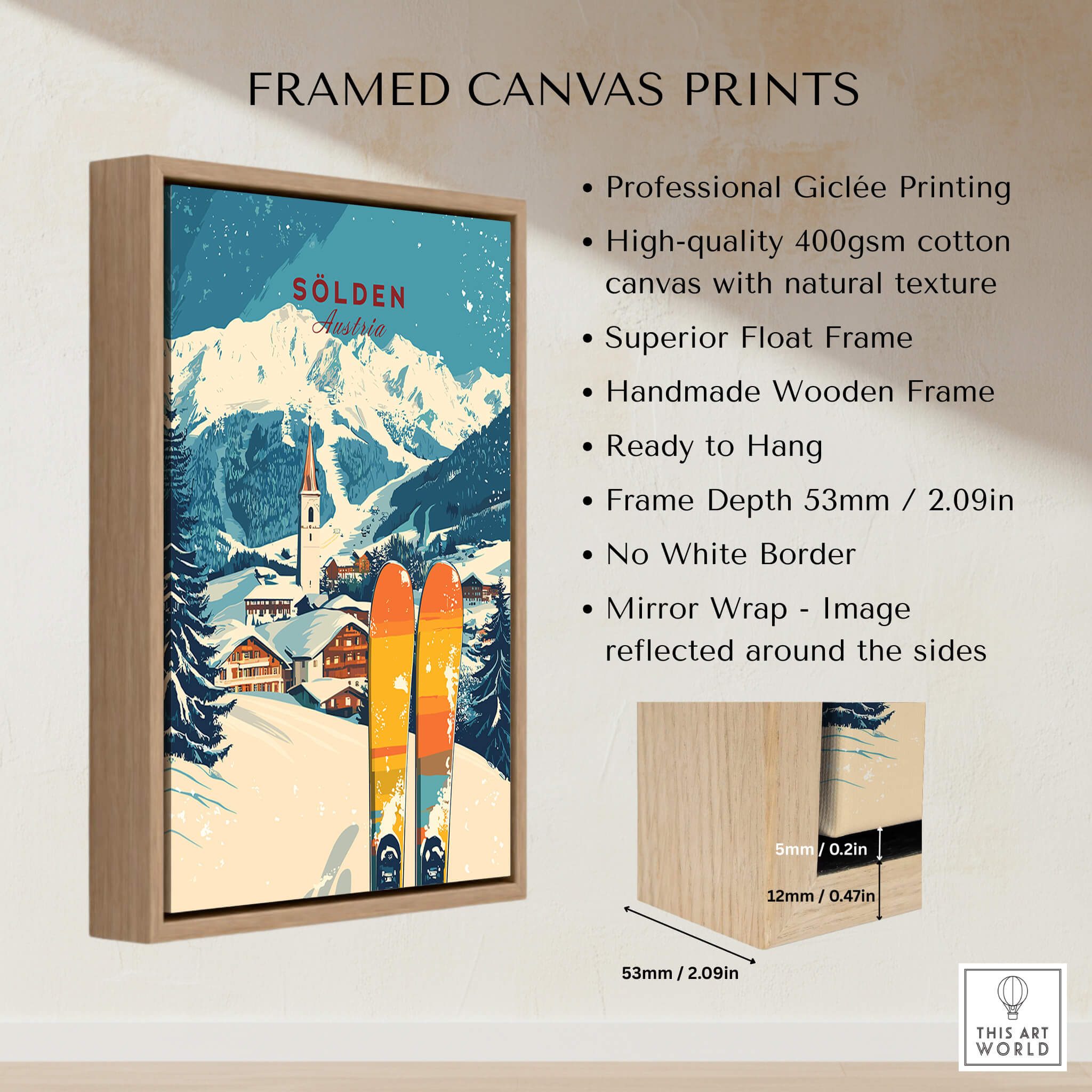 Sölden Ski Print Austria framed canvas print showcasing stunning mountain scenery and vibrant skis.