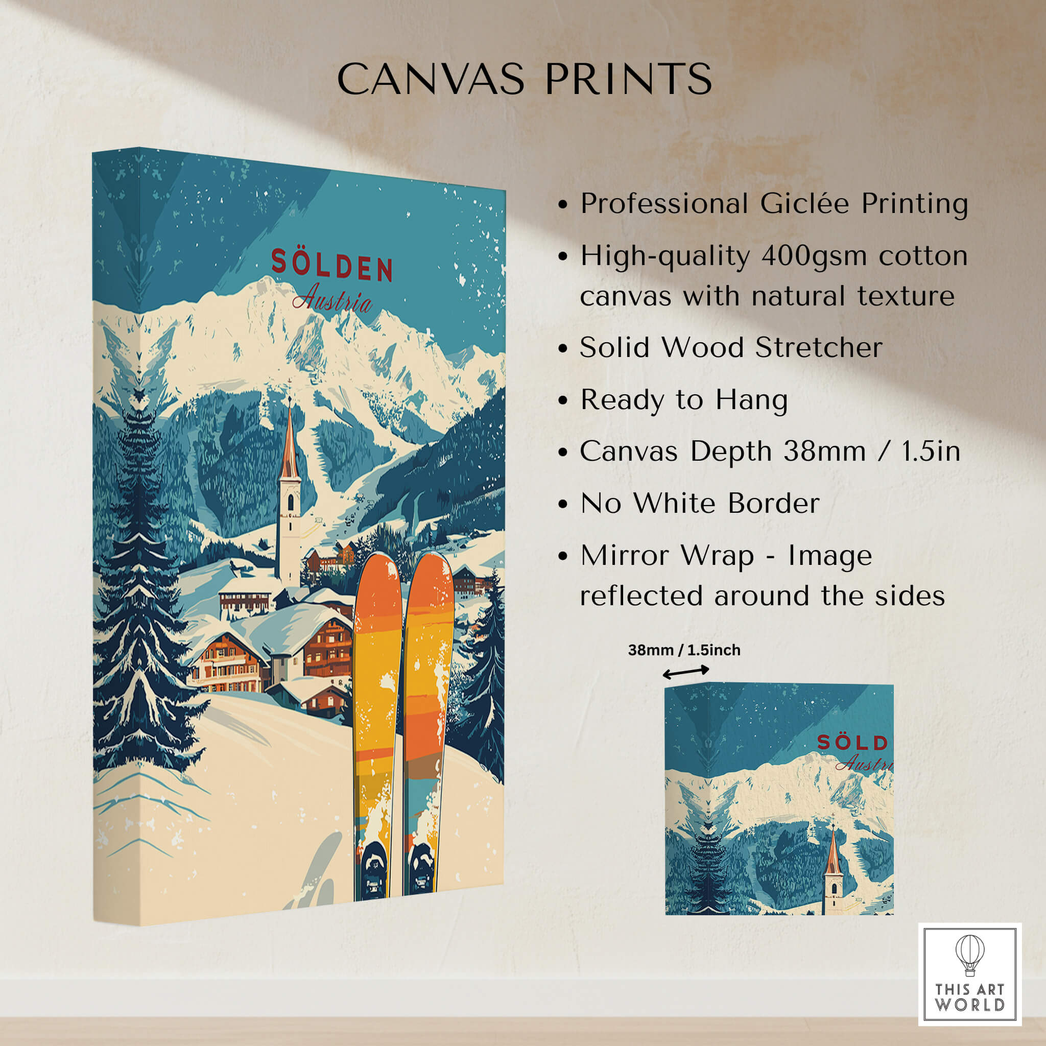 Sölden Ski Print Austria featuring beautiful mountain scenery and skiing equipment on canvas.