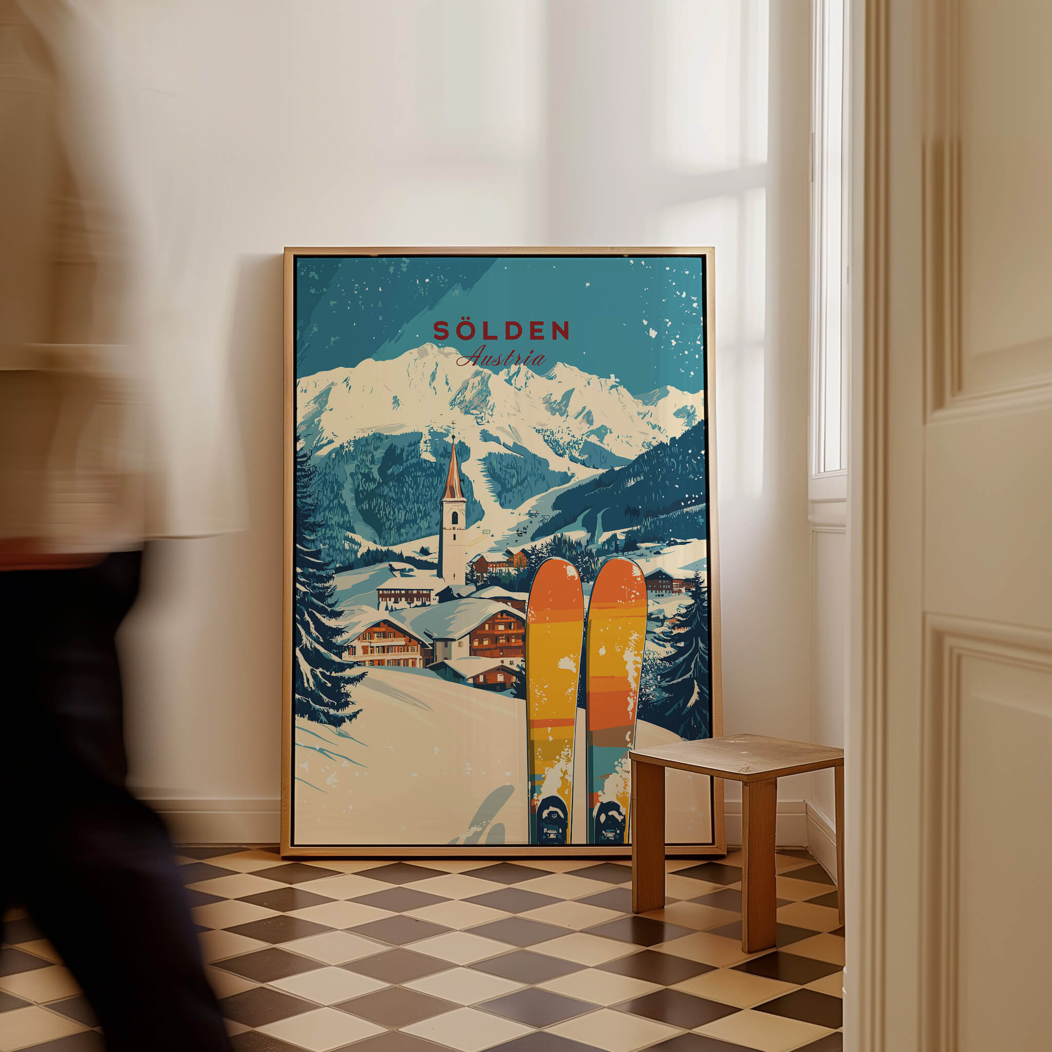 Sölden Ski Print Austria showcasing stunning mountain views and ski gear in a cozy interior setting.