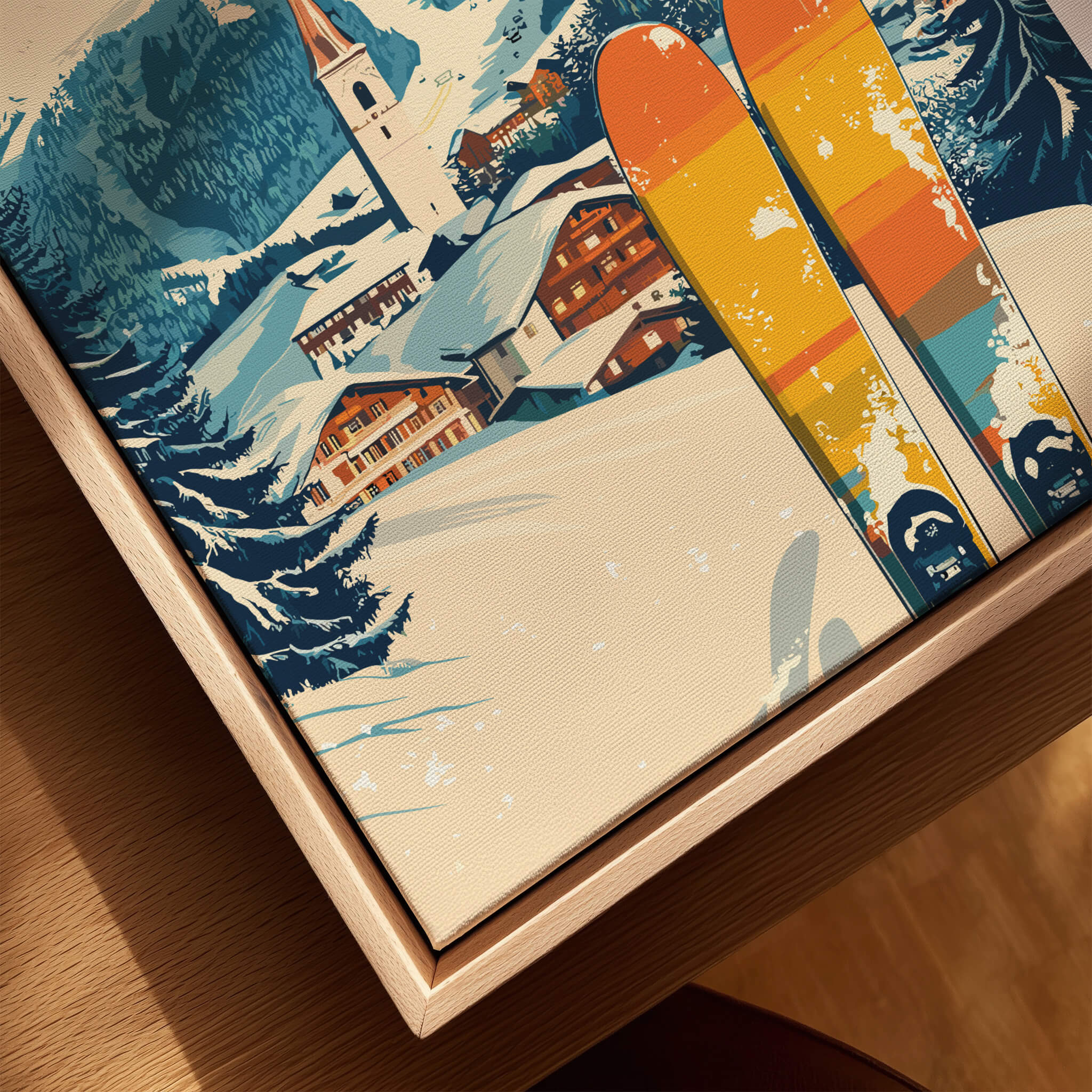 Sölden Ski Print Austria showcasing vibrant skis and picturesque snowy landscape.
