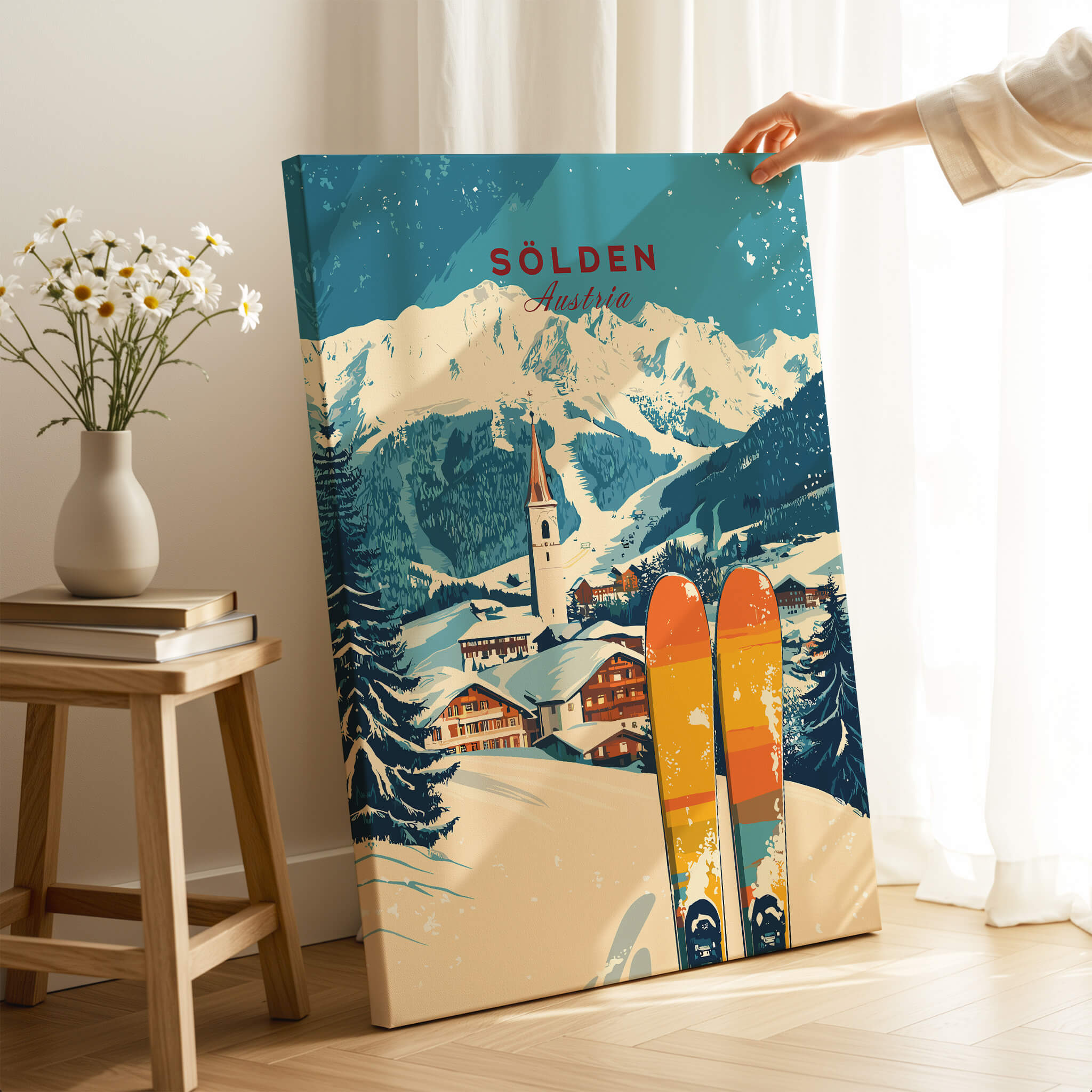 Sölden Ski Print Austria showcasing a scenic winter landscape with snow-capped mountains and colorful skis.