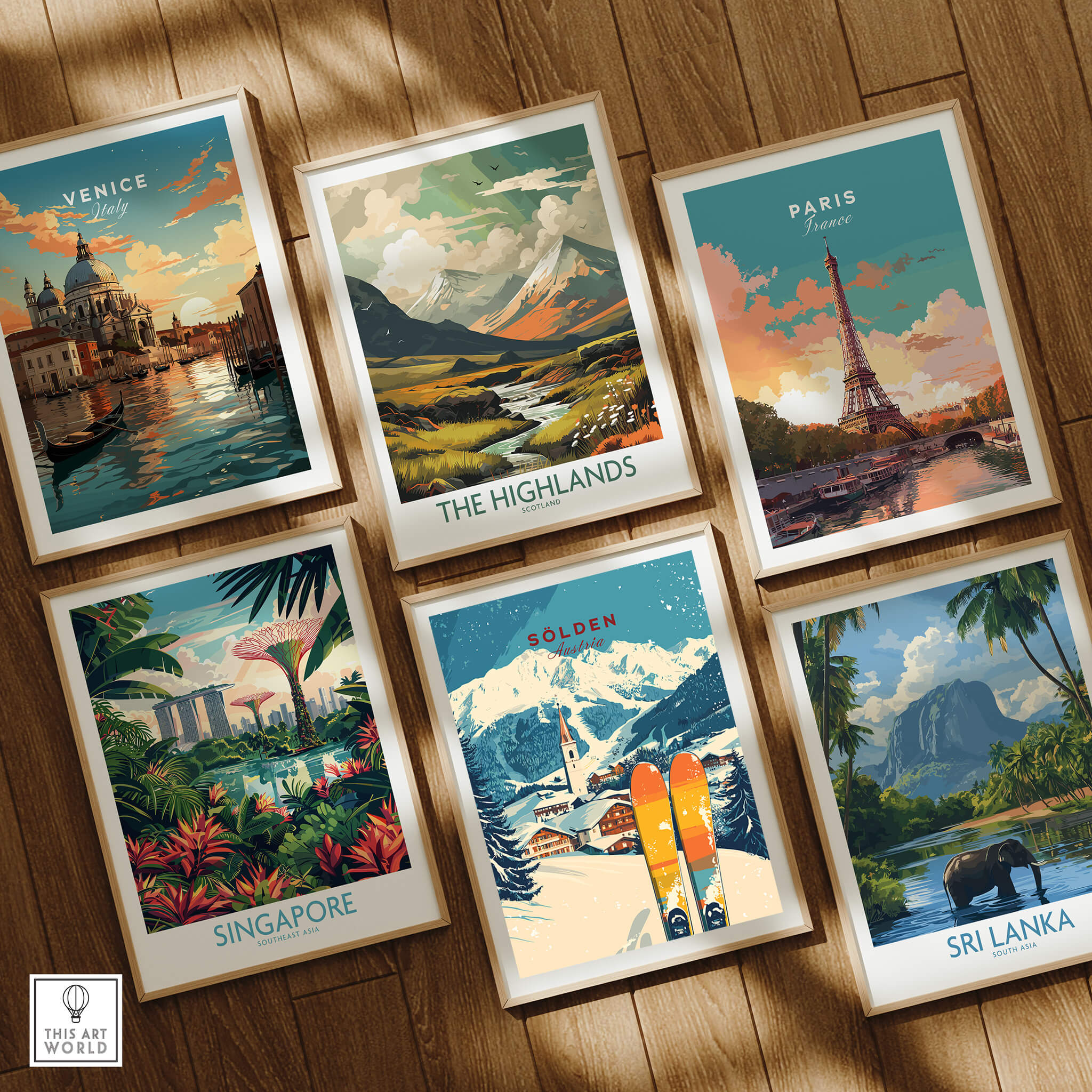 Sölden Ski Print Austria showcasing colorful skiing artwork with vibrant landscapes and ski gear.