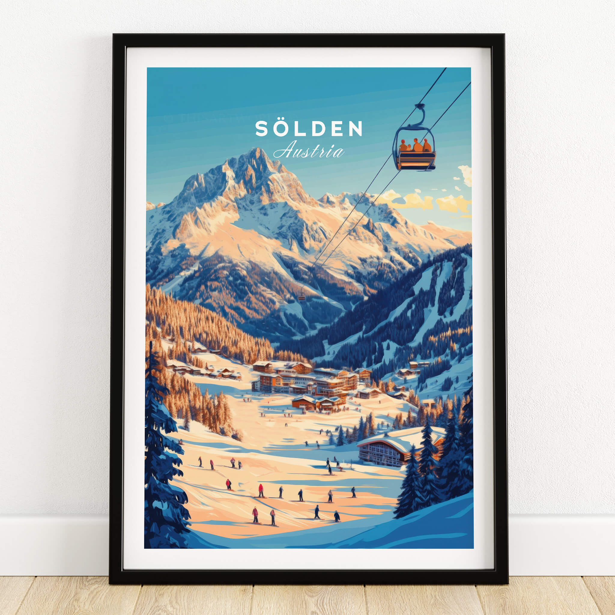 Sölden Ski Wall Art Print featuring a scenic snow-covered landscape of Sölden, Austria with skiers and a gondola.