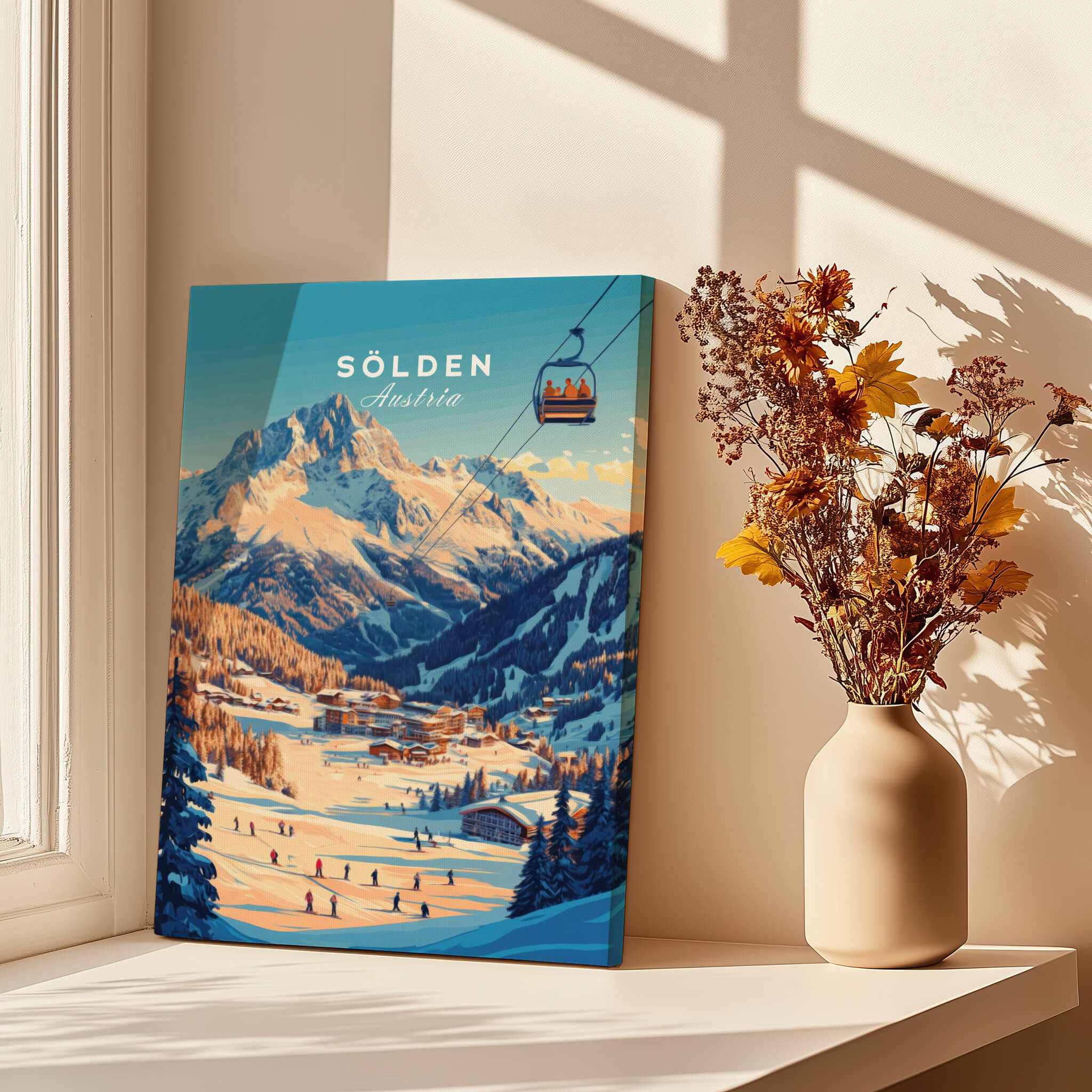 Sölden Ski Wall Art Print featuring a scenic view of Austrian ski slopes and trees.