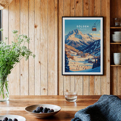 Sölden Ski Wall Art Print displayed in a cozy wooden interior, showcasing stunning alpine scenery of Austria.