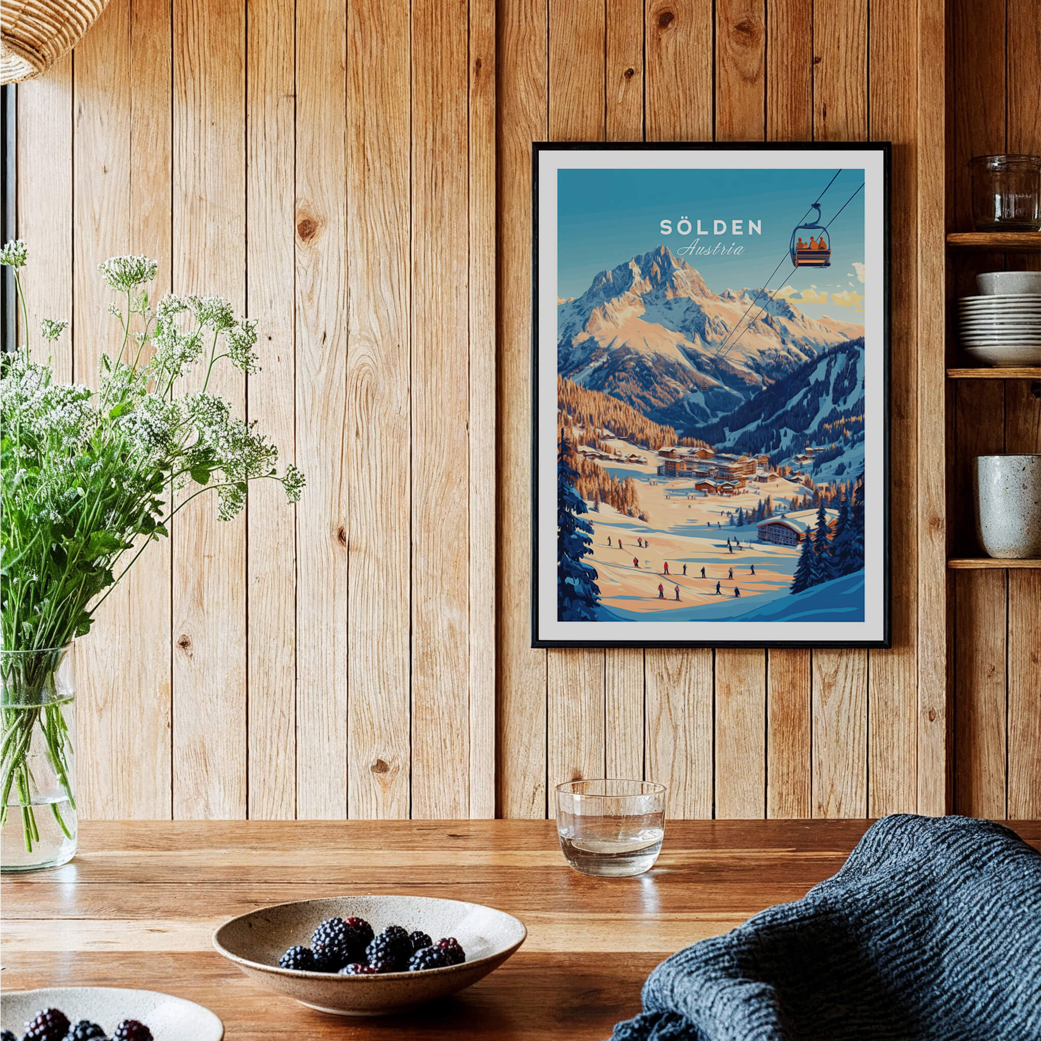 Sölden Ski Wall Art Print displayed in a cozy wooden interior, showcasing stunning alpine scenery of Austria.