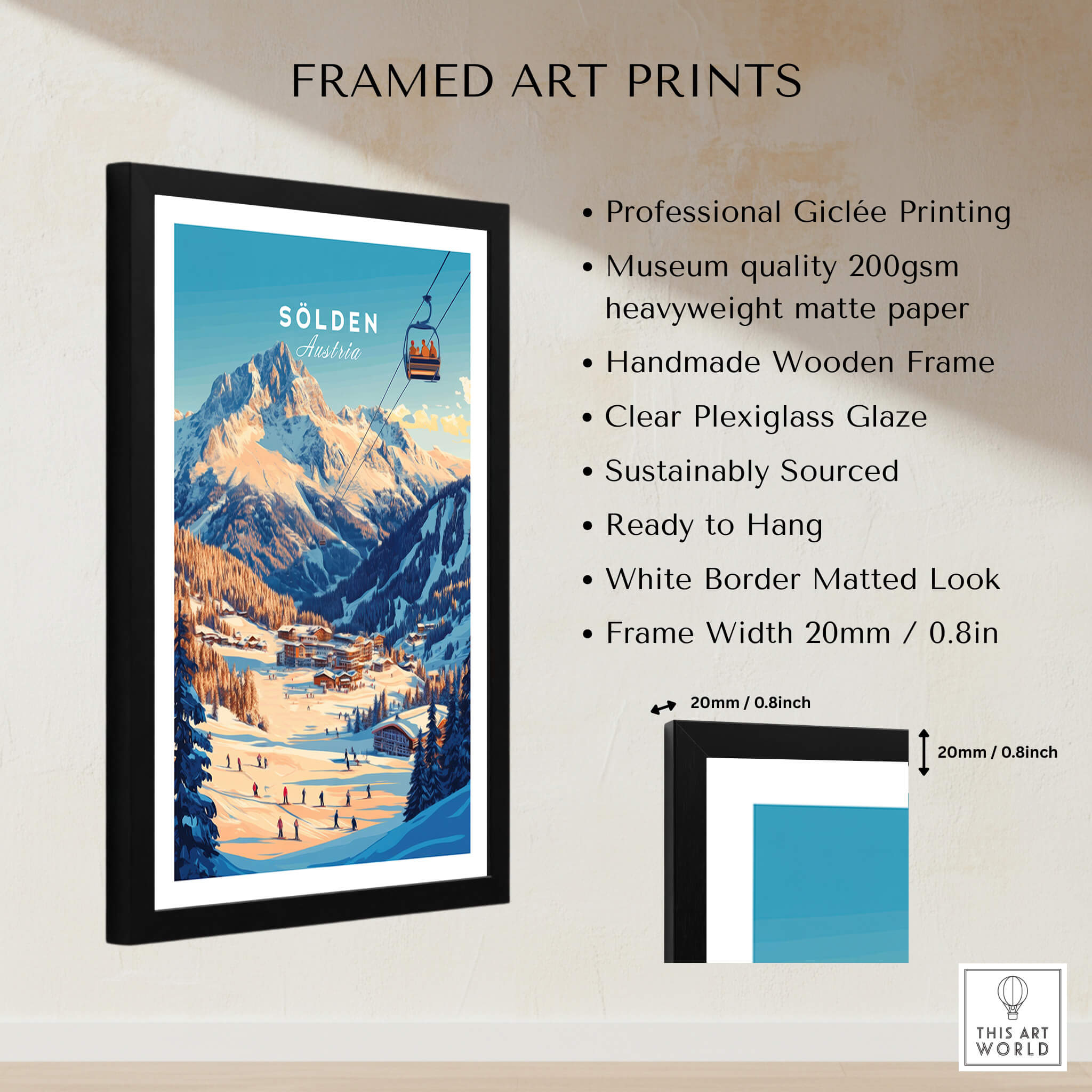 Sölden Ski Wall Art Print framed with clear Plexiglass, featuring stunning mountain scenery and ski lift in Austria.