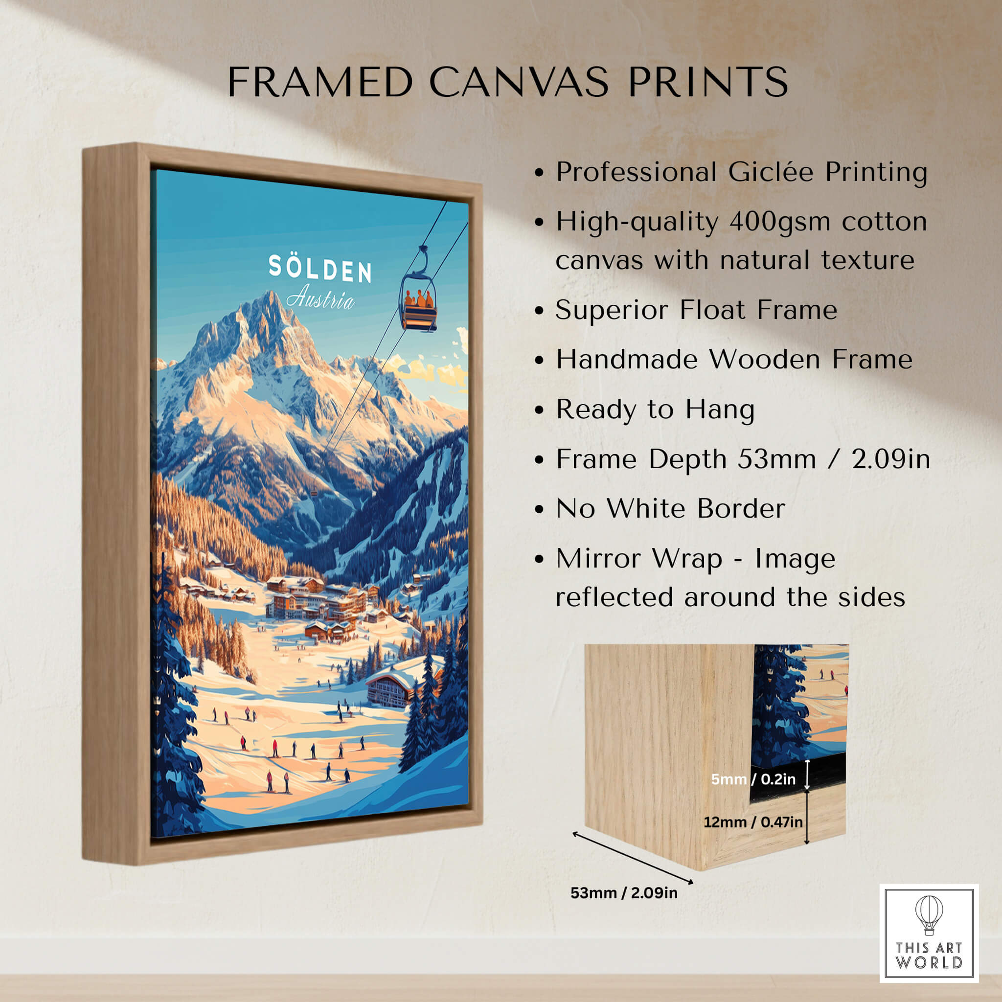 Sölden Ski Wall Art Print framed canvas showcasing Austrian ski slopes and quality craftsmanship.