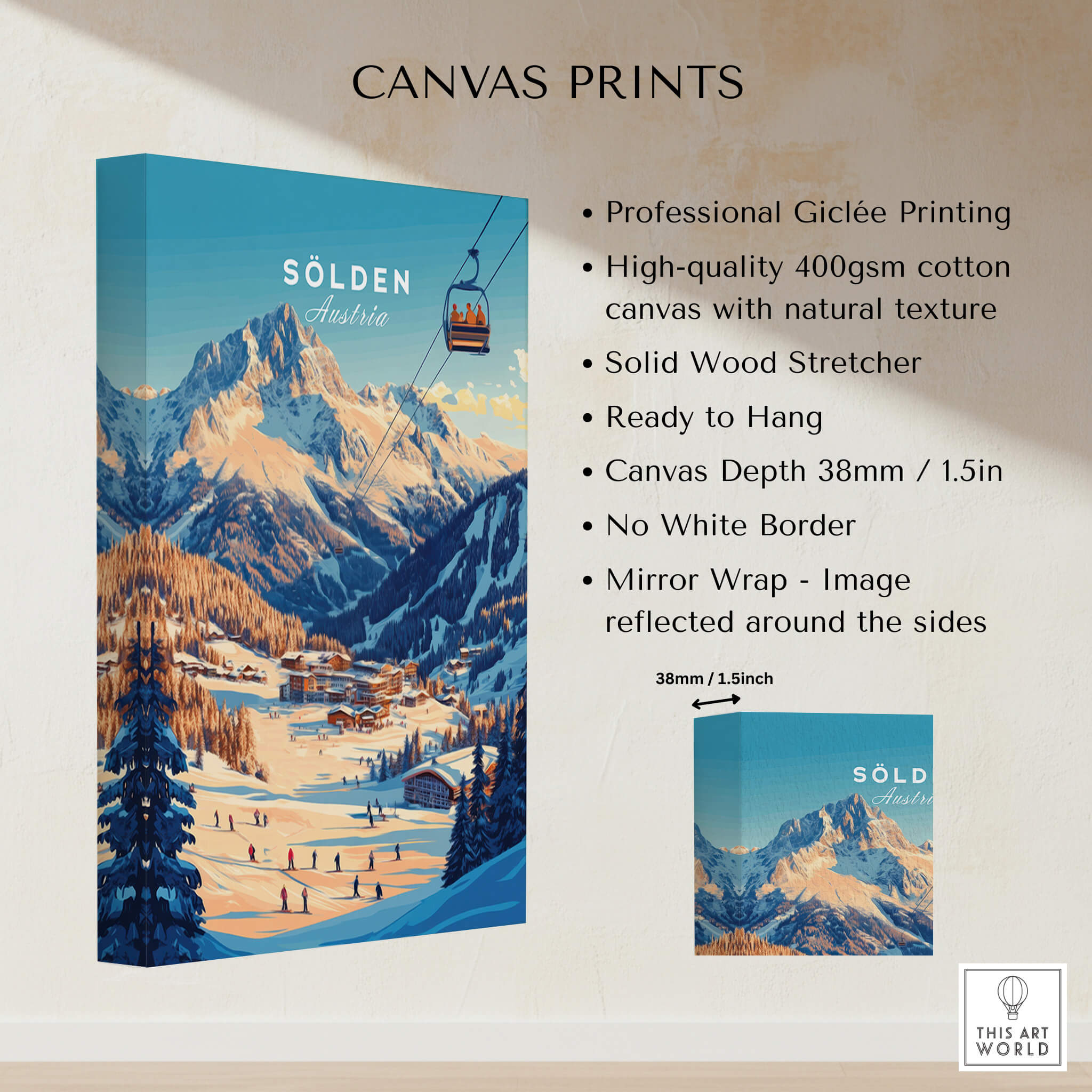 Sölden Ski Wall Art Print features high-quality Giclée printing and captures the beauty of Austrian ski slopes.