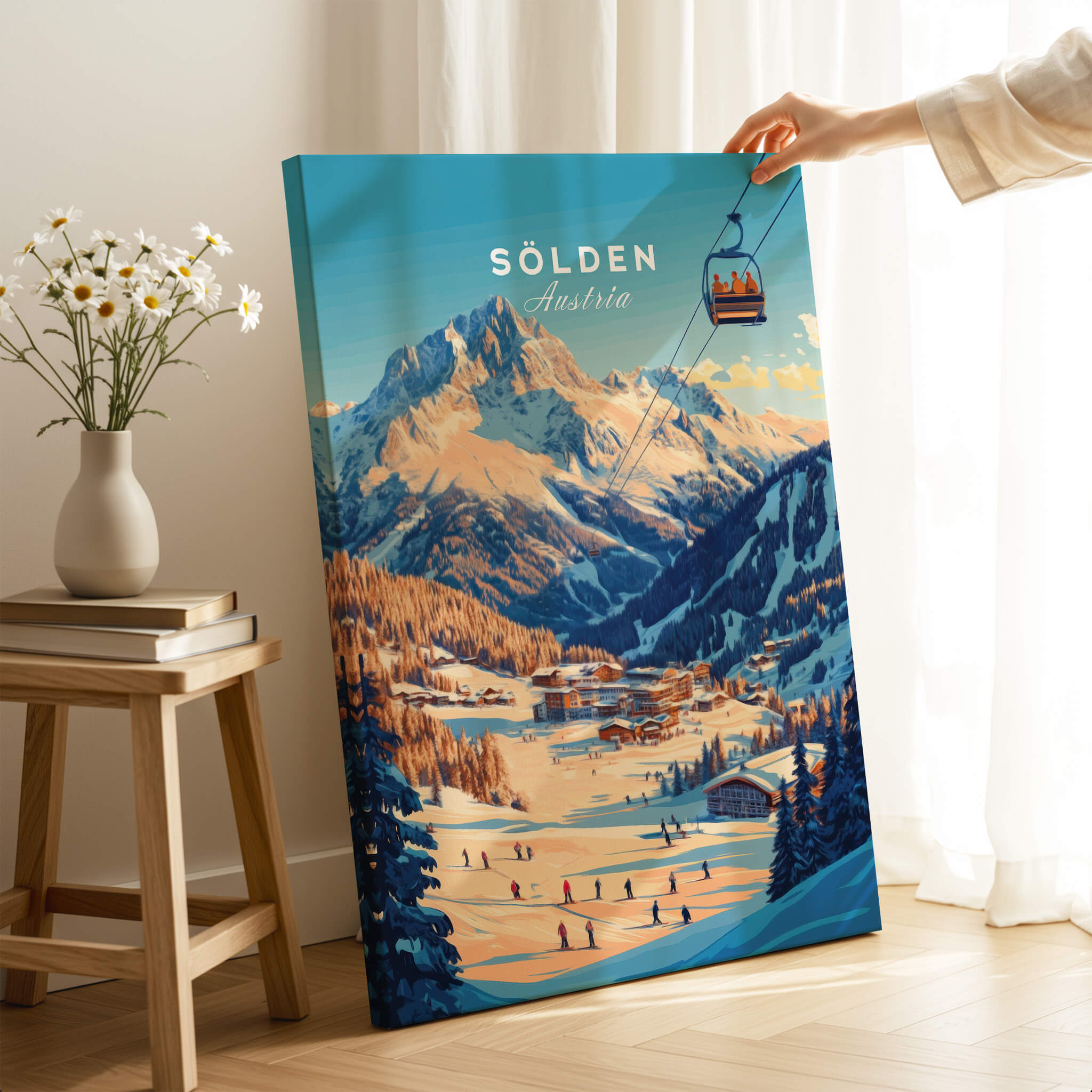 Sölden Ski Wall Art Print featuring stunning Austrian mountain scenery and skiers on powdery slopes.