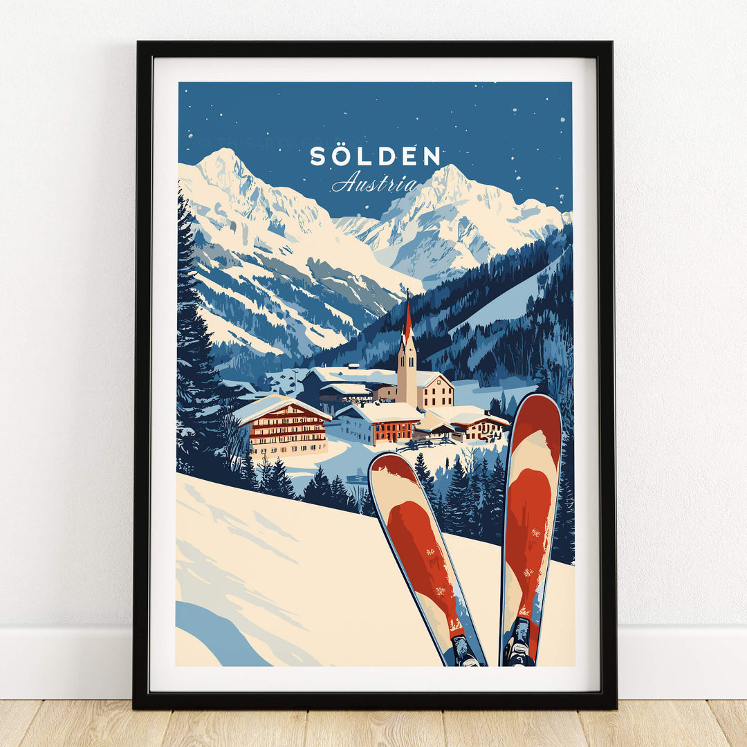 Ski Print Sölden Austria featuring a picturesque winter landscape with skis in the foreground.