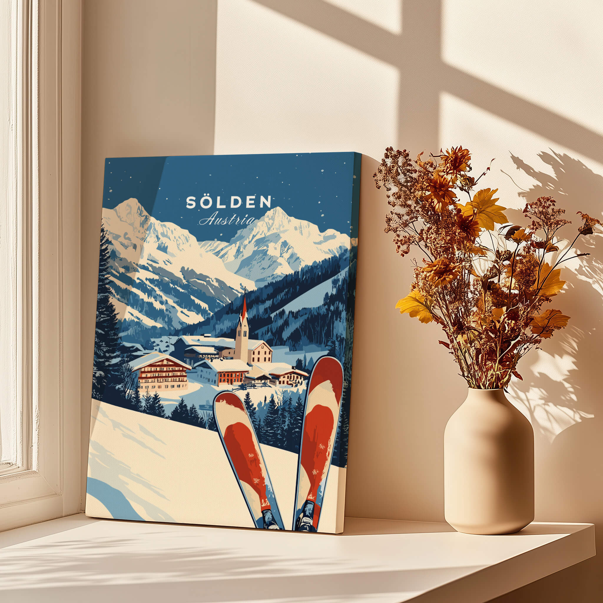 Ski Print Sölden Austria featuring a picturesque winter landscape with skis in a cozy home setting.