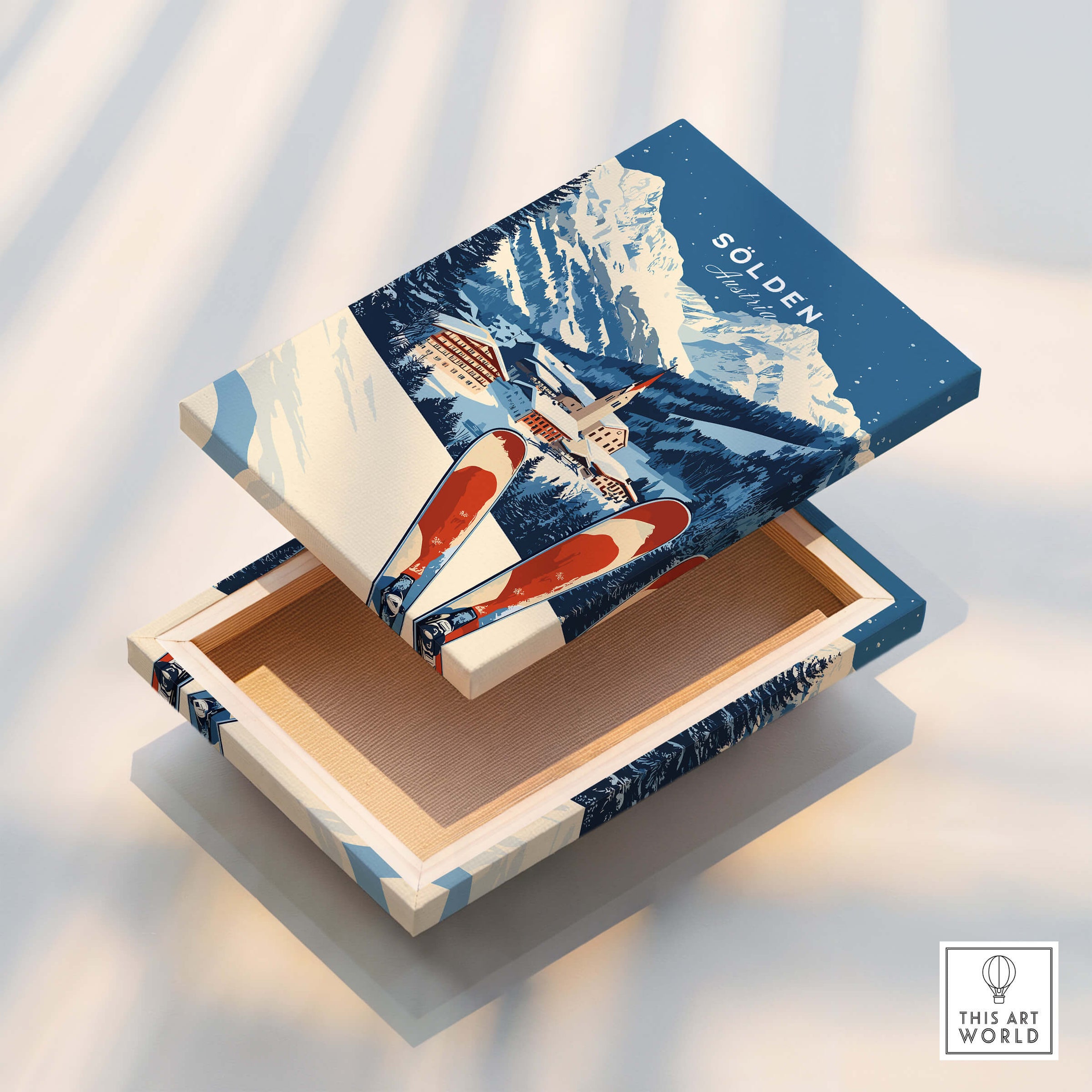 Ski Print Sölden Austria featuring a beautiful snow-covered landscape and vintage ski design.