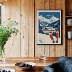 Ski Print Sölden Austria showcasing stunning winter landscape and ski gear in a cozy interior setting.