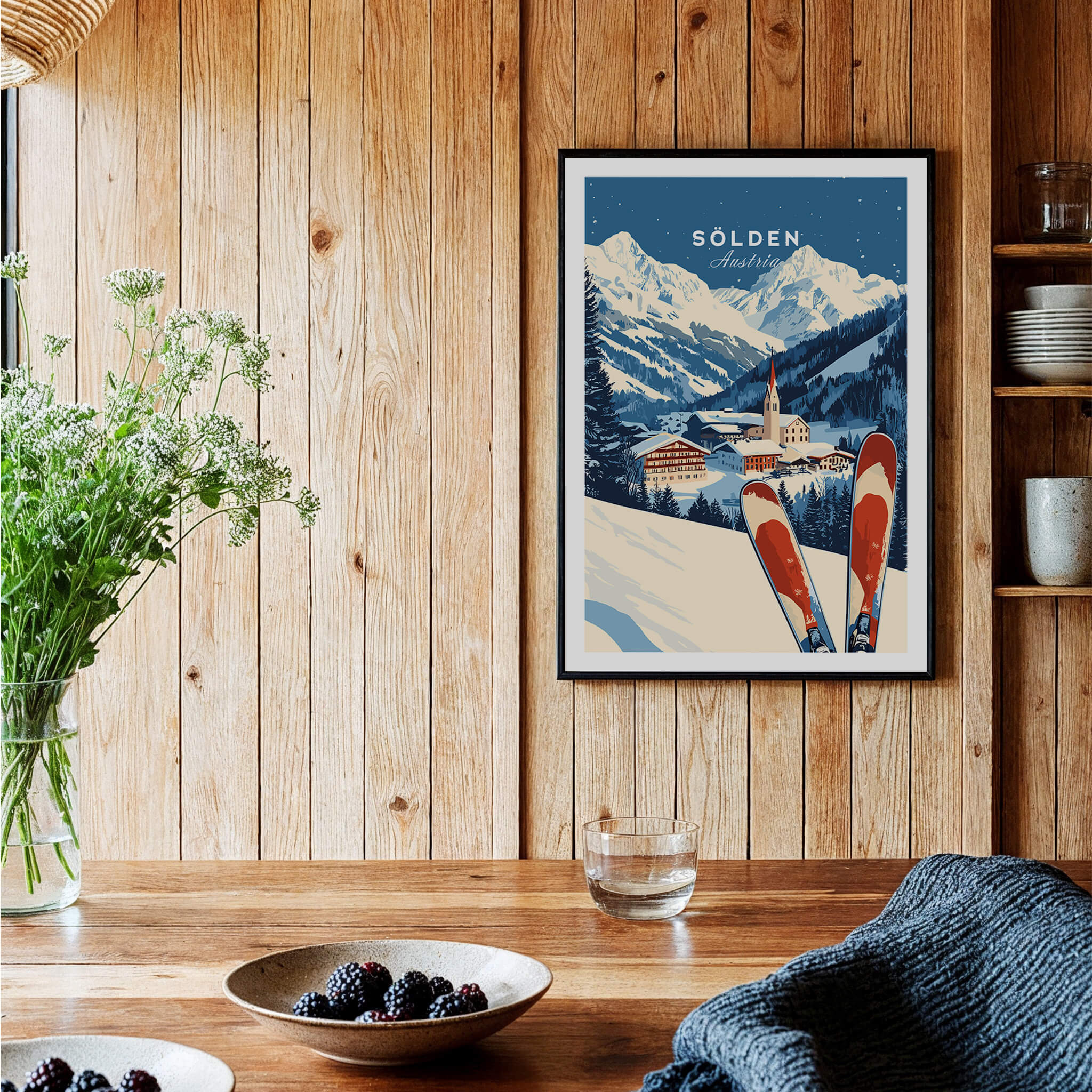 Ski Print Sölden Austria showcasing stunning winter landscape and ski gear in a cozy interior setting.
