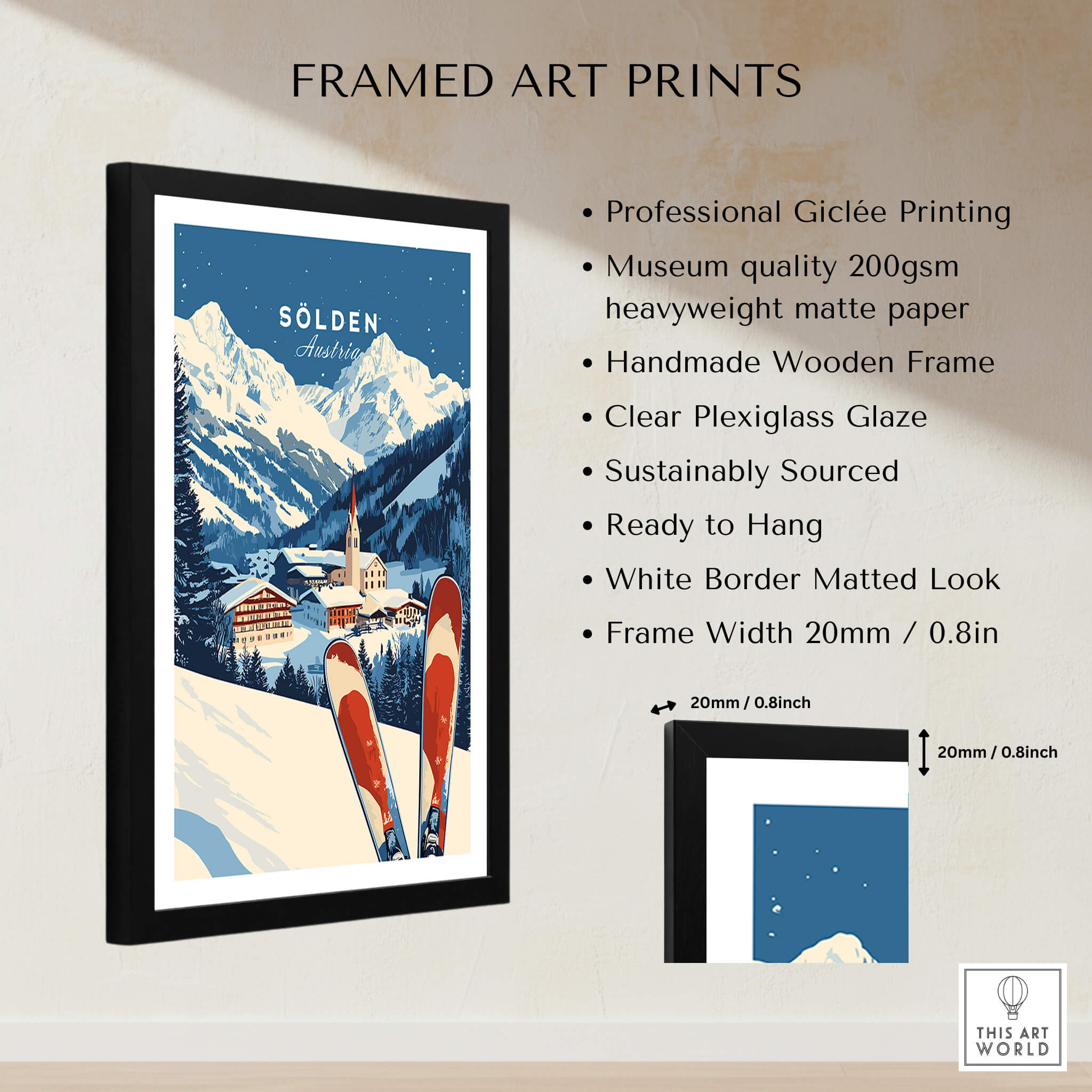 Ski Print Sölden Austria framed art showcasing stunning mountain landscape and ski gear.