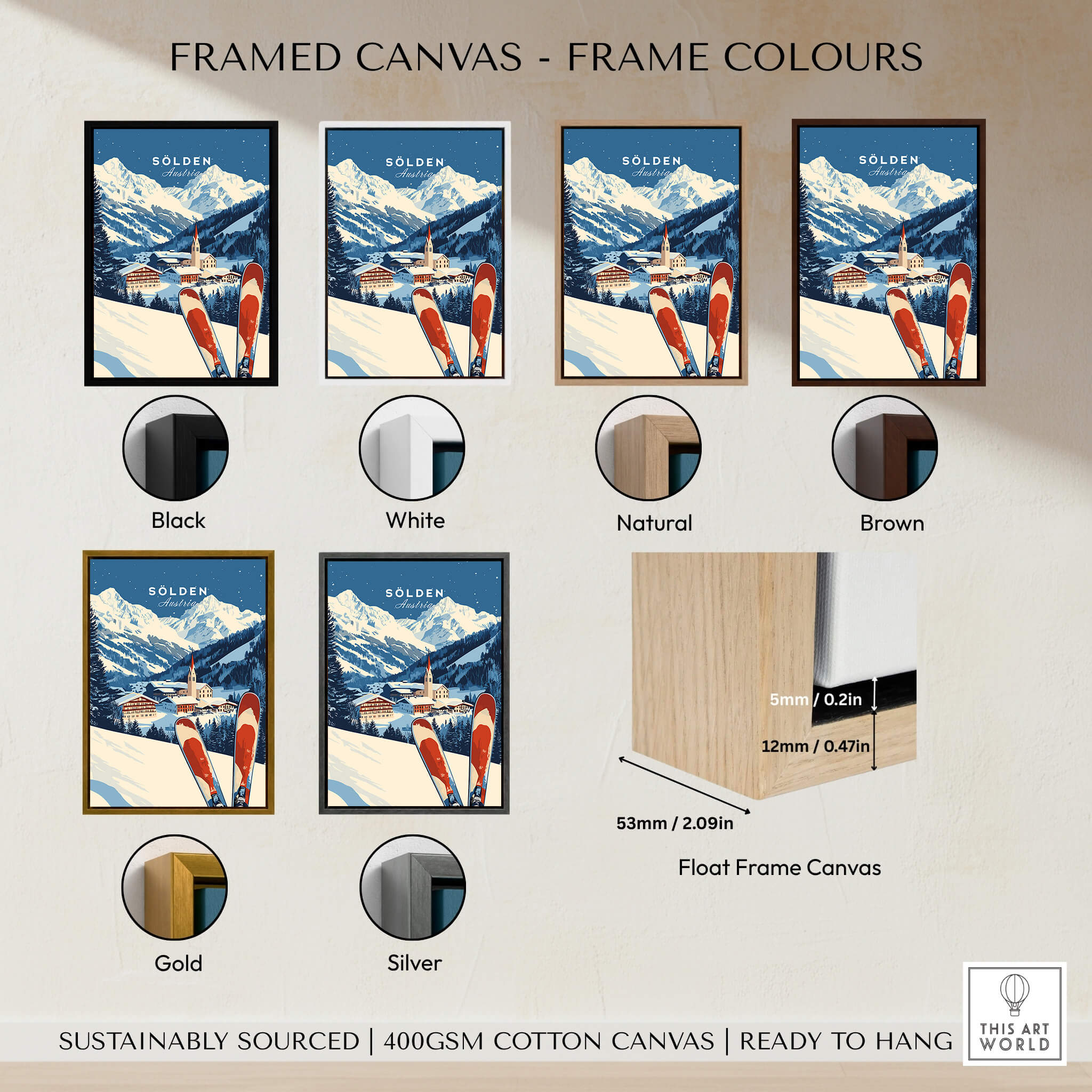 Framed canvas options for Ski Print Sölden Austria in various colors including black, white, natural, brown, gold, and silver.