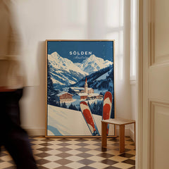 Ski Print Sölden Austria featuring a picturesque mountain landscape and vintage ski gear.