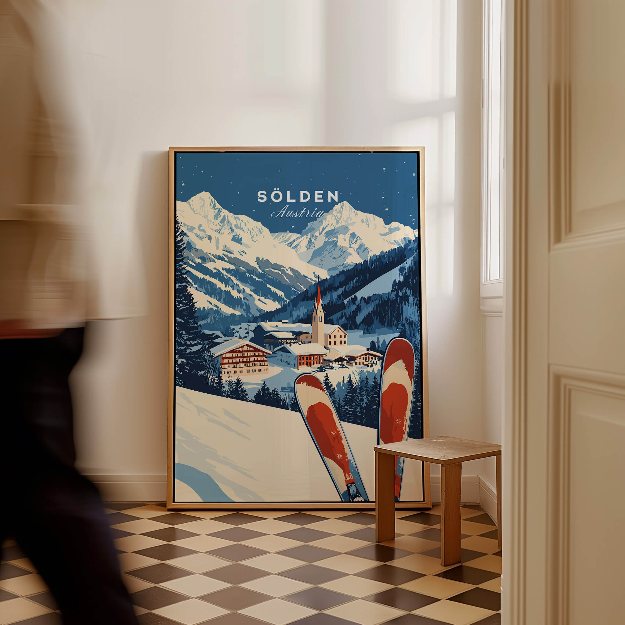 Ski Print Sölden Austria featuring a picturesque mountain landscape and vintage ski gear.
