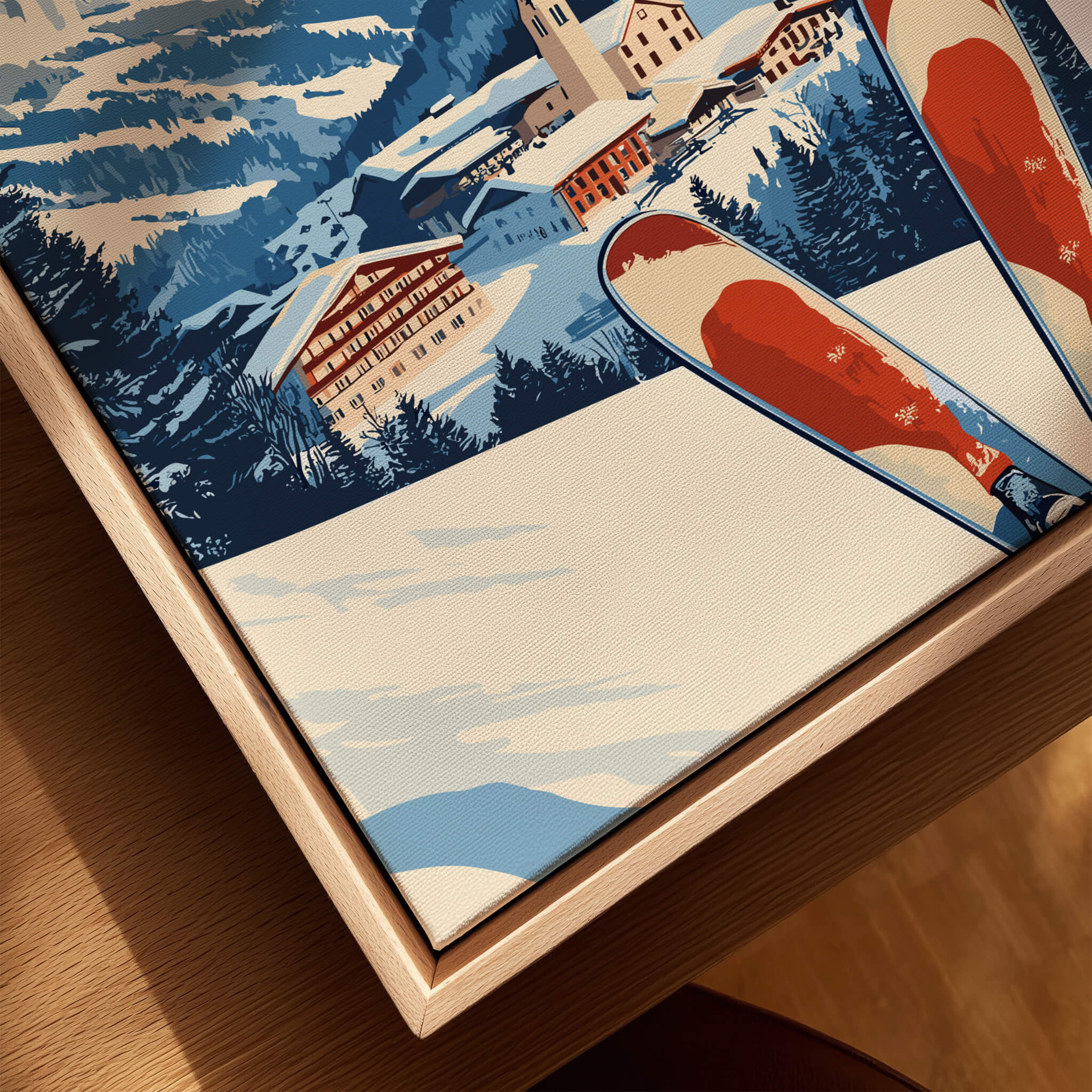 Ski Print Sölden Austria capturing stunning ski landscape and vibrant colors with skier's legs in focus.