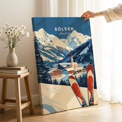 Ski Print Sölden Austria showcasing the picturesque ski landscape of Sölden, Austria with mountains and skiing equipment.