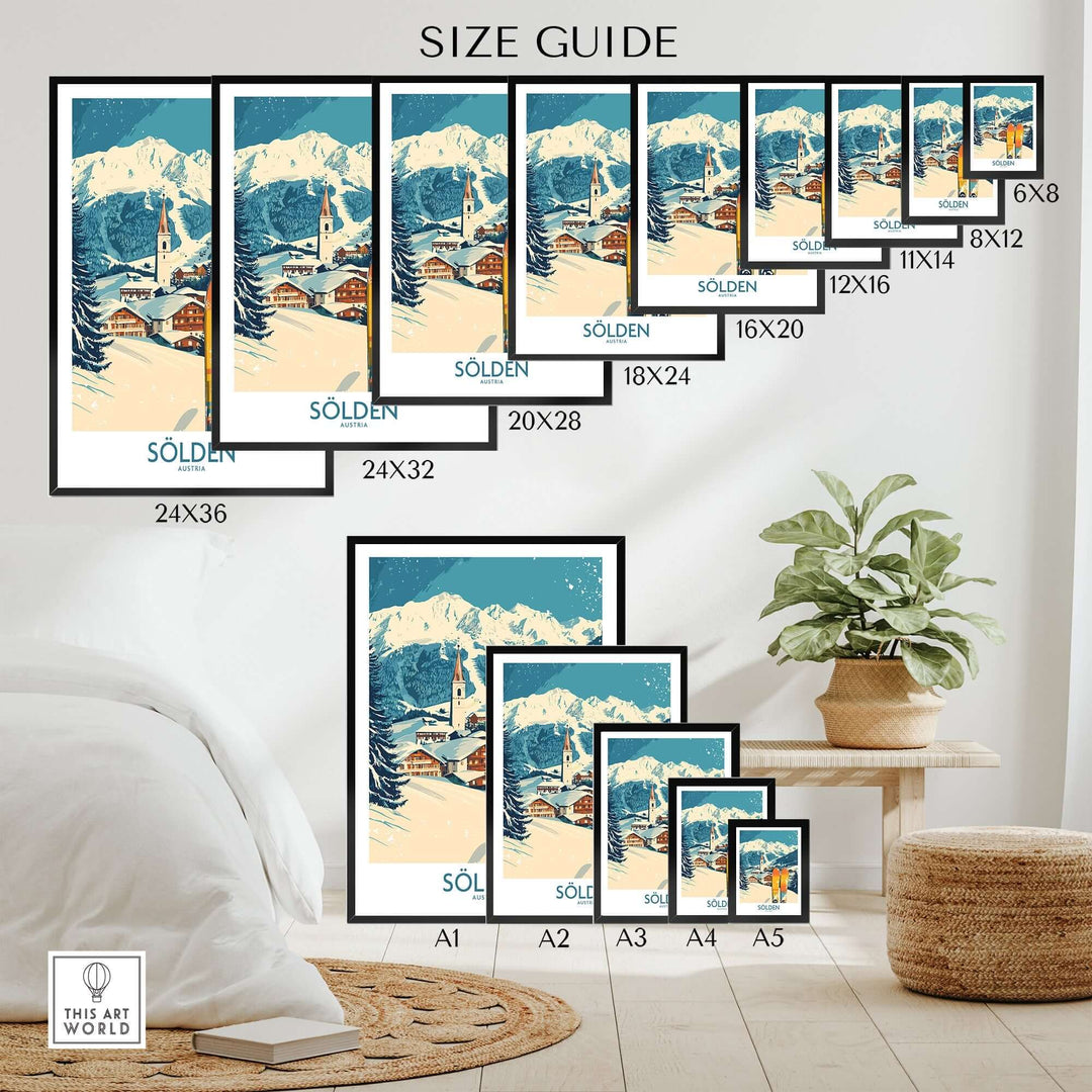 Size guide for Sölden Ski Poster, showcasing various frame dimensions in a stylish home setting.