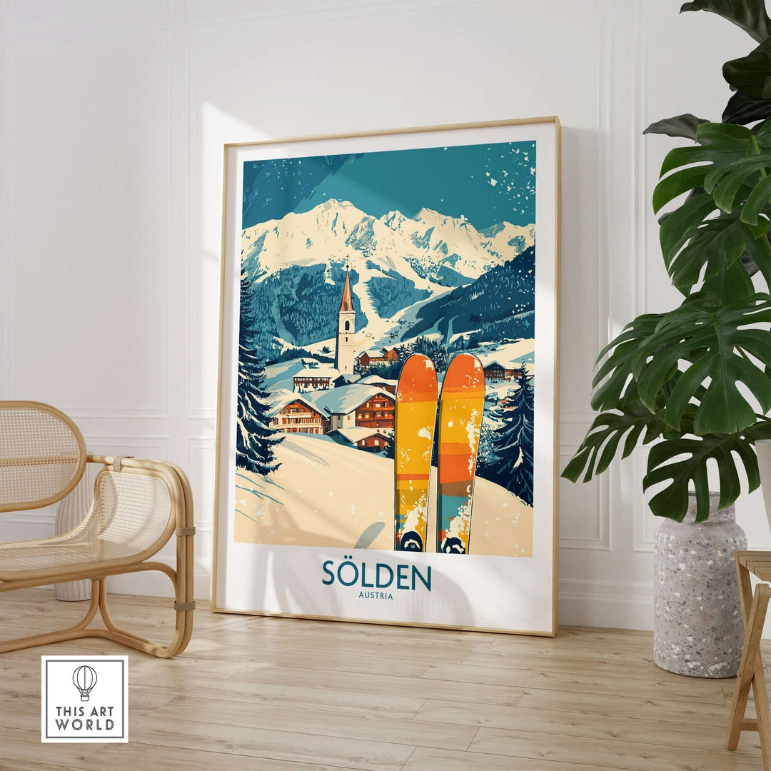 Sölden ski poster featuring vibrant mountains and skis, perfect wall art for winter sports enthusiasts in Austria.