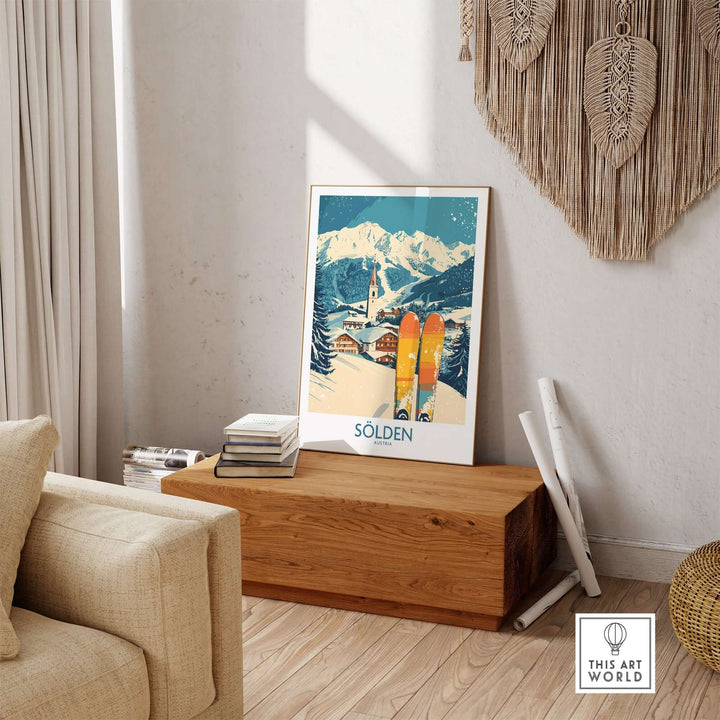 Sölden ski poster displayed in a chic living room, capturing the essence of skiing in the Austrian Alps.