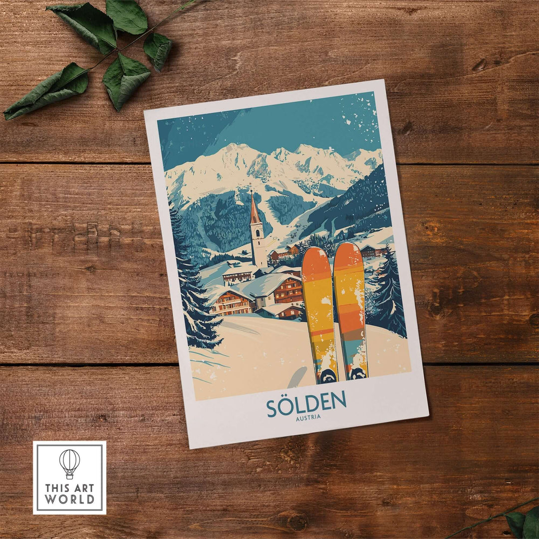 Sölden Ski Poster showcasing skis and scenic mountains in Austria, perfect for adding adventure to home decor.