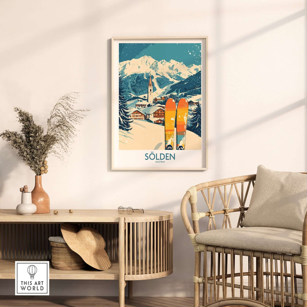 Sölden Ski Poster showcasing colorful skis and a snowy mountain backdrop, perfect for adding adventure to your home decor.