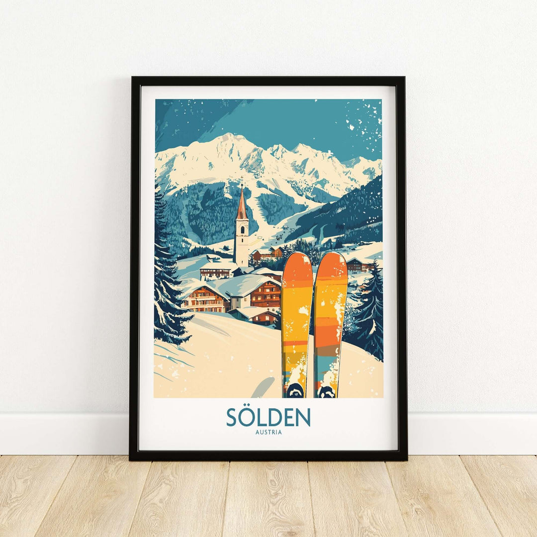 Sölden Ski Poster featuring vibrant skis against snowy mountains in Austria, perfect for adventurous wall decor.