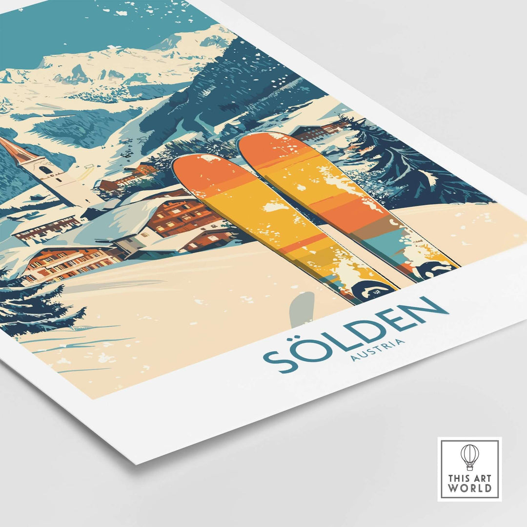 Sölden Ski Poster featuring colorful skis and snowy mountains, showcasing the beauty of skiing in Austria.