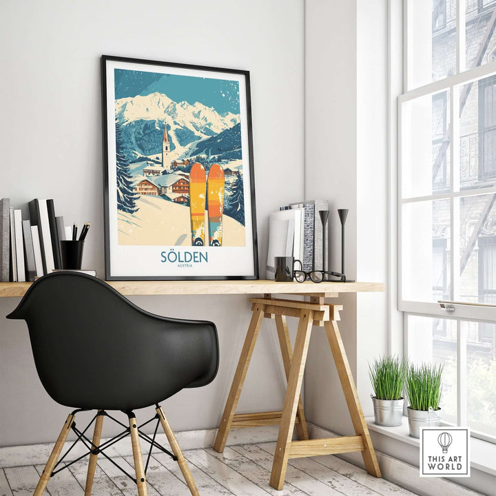 Sölden Ski Poster displayed in a modern office setting with a view of mountains and ski equipment.