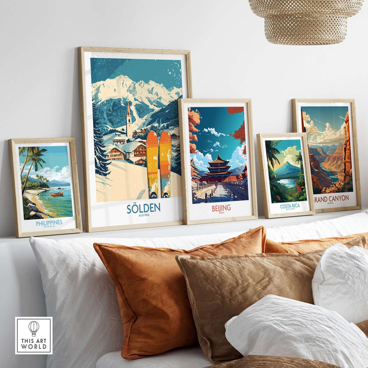 Sölden ski poster alongside travel posters from Beijing, Costa Rica, and the Grand Canyon in a stylish living room decor.