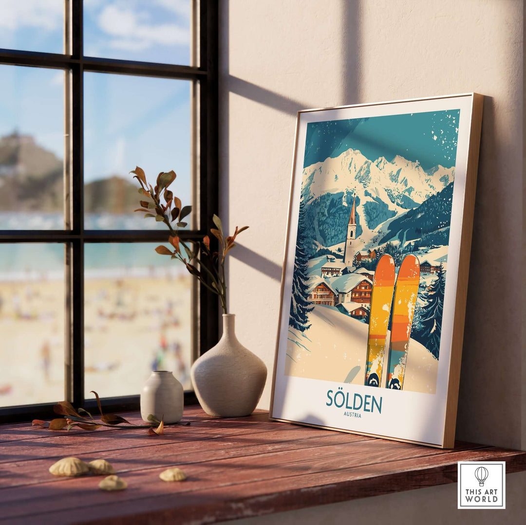 Sölden Ski Poster featuring stunning mountain scenery and colorful skis, perfect for enhancing home decor with adventure aesthetics.