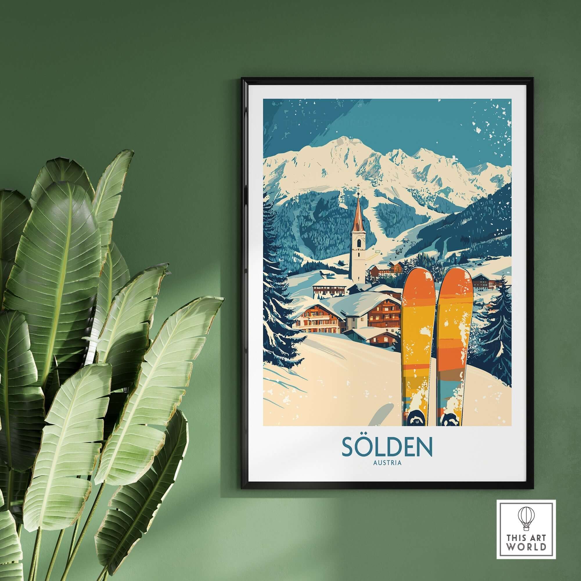 Sölden Ski Poster Austria featuring vibrant skis and a stunning mountain backdrop, perfect for adding adventure to your wall decor.