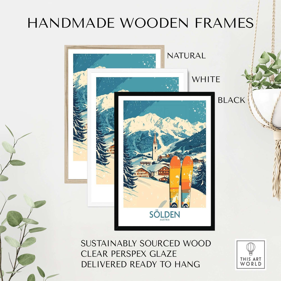 Sölden ski poster displayed in handmade wooden frames available in natural, white, and black finishes, featuring sustainable materials.