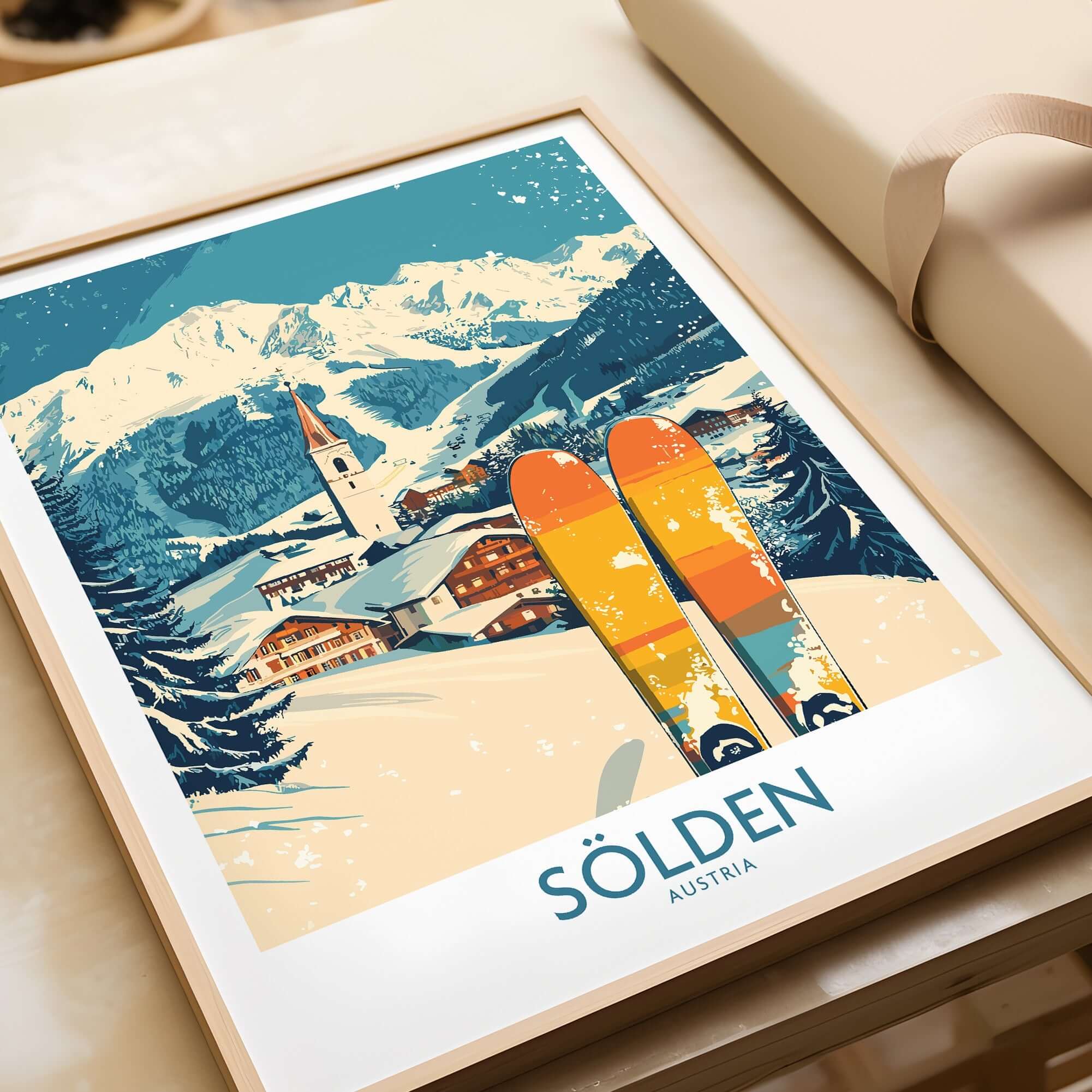 Sölden ski poster featuring colorful skis and a picturesque mountain landscape in Austria, perfect for winter decor.