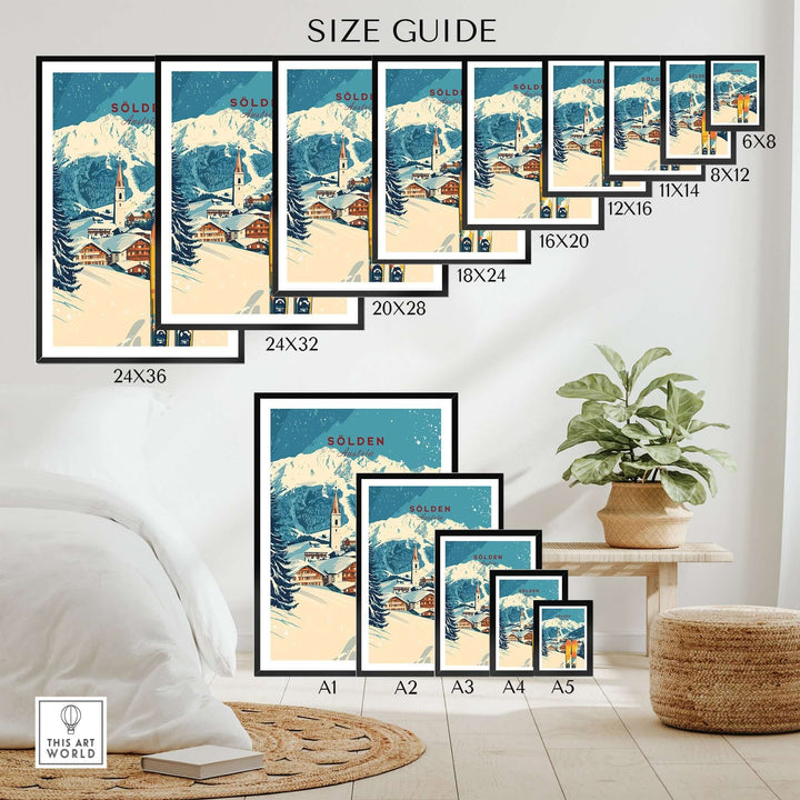 Size guide for Sölden Ski Print Austria, showcasing various frame sizes and dimensions for optimal display.