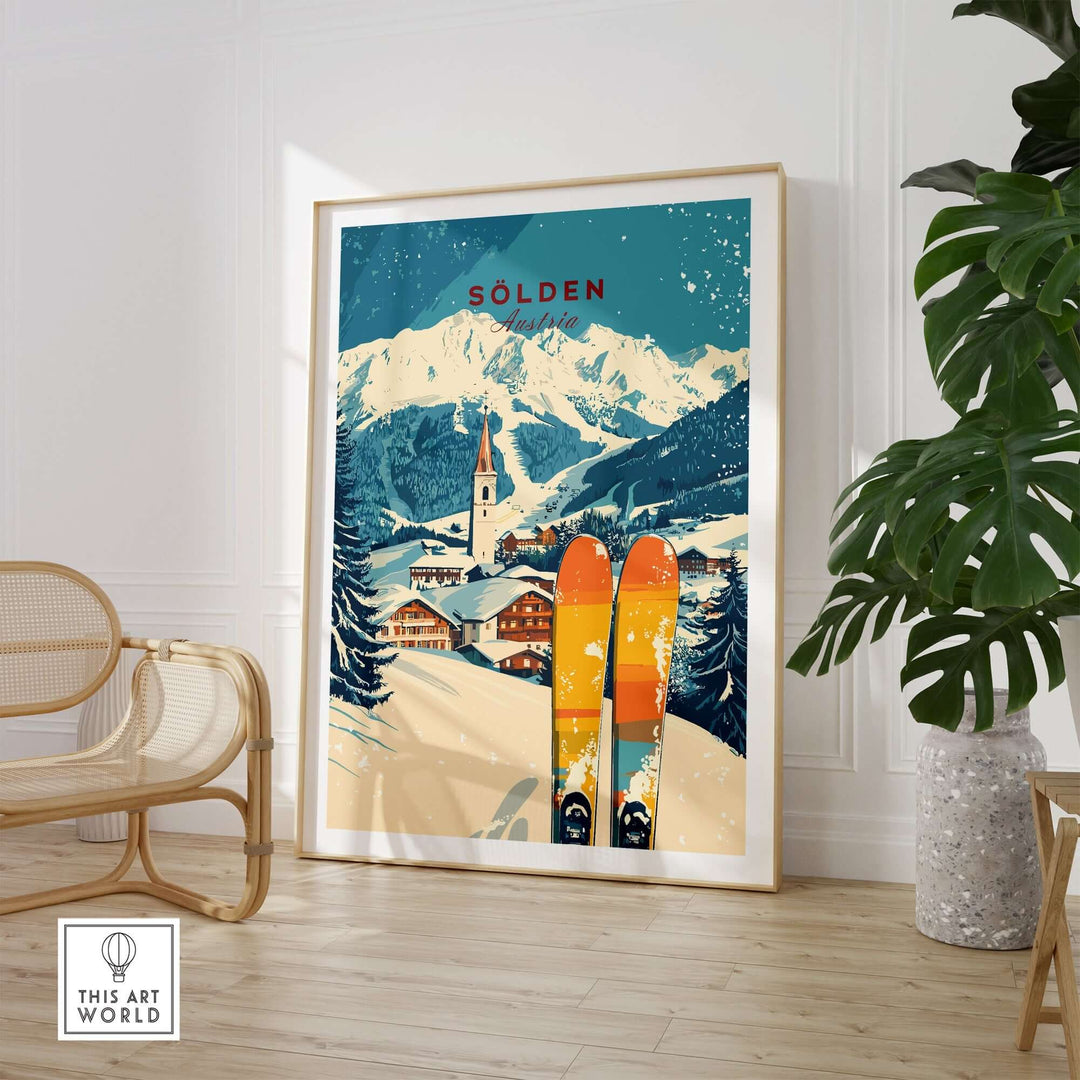 Sölden Ski Print showcasing vibrant slopes and charming village, perfect for ski lovers and travel enthusiasts.