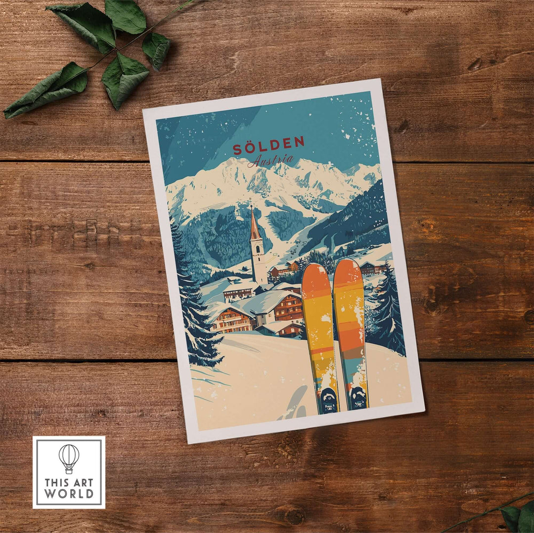 Sölden ski print featuring colorful skis against stunning mountain scenery in Austria, perfect for ski lovers and adventurers.