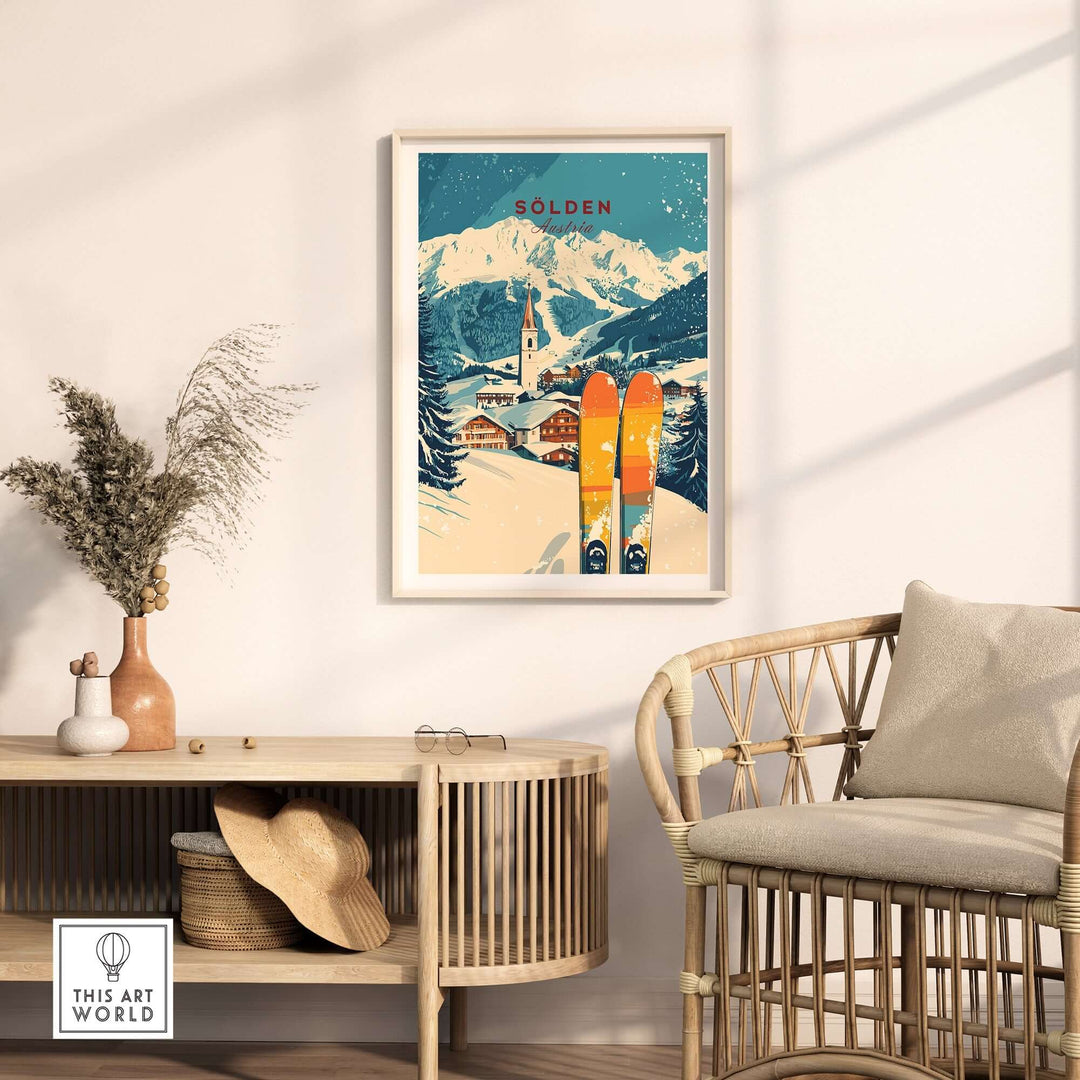 Sölden Ski Print Austria framed art showcasing snowy mountains and skis in a cozy room setting.