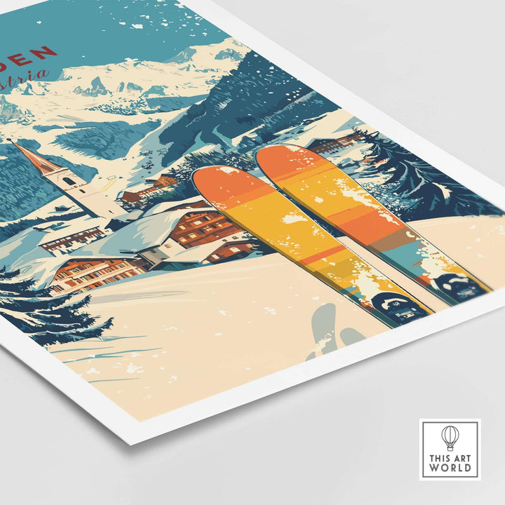 Sölden Ski Print Austria showcasing vibrant skis and a picturesque snowy landscape of Sölden, perfect for ski enthusiasts.