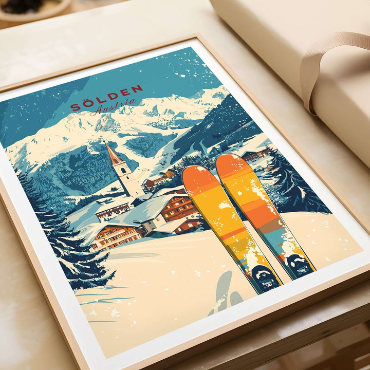 Sölden Ski Print featuring colorful skis with mountains and village scenery in Austria, ideal for ski enthusiasts and decor.