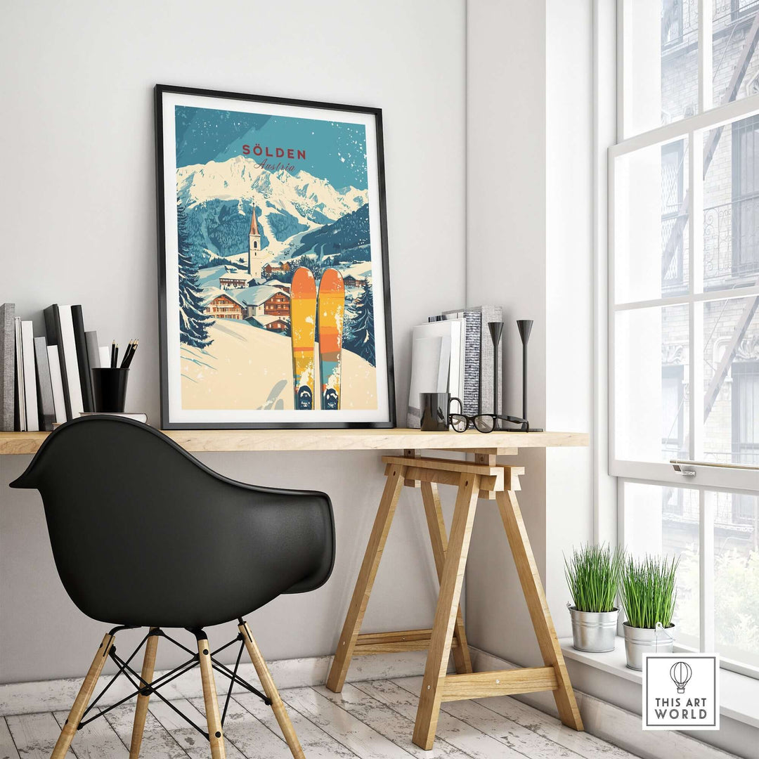 Vintage Sölden ski print displayed in a cozy office setting with natural light and modern decor. Perfect for ski enthusiasts.