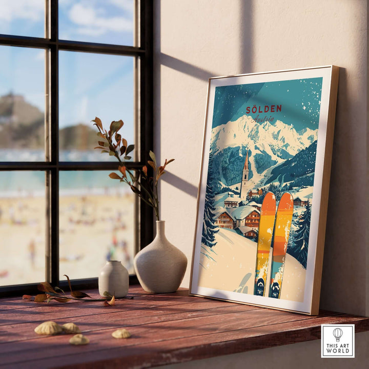 Sölden ski print displayed indoors, showcasing stunning snow-capped mountains and ski equipment for winter sports enthusiasts.