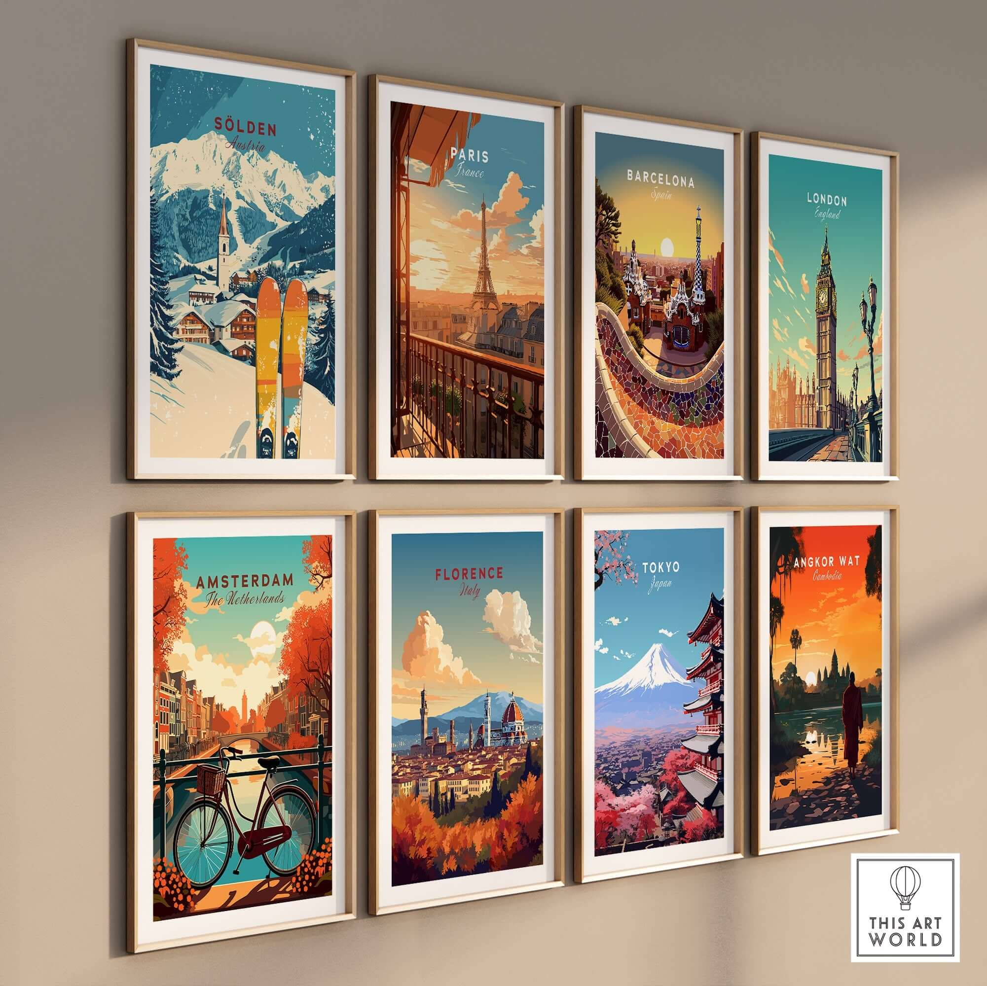 A collection of travel prints featuring Sölden, Paris, Barcelona, London, Amsterdam, Florence, Tokyo, and Angkor Wat.