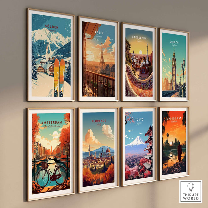 A collection of travel prints featuring Sölden, Paris, Barcelona, London, Amsterdam, Florence, Tokyo, and Angkor Wat.